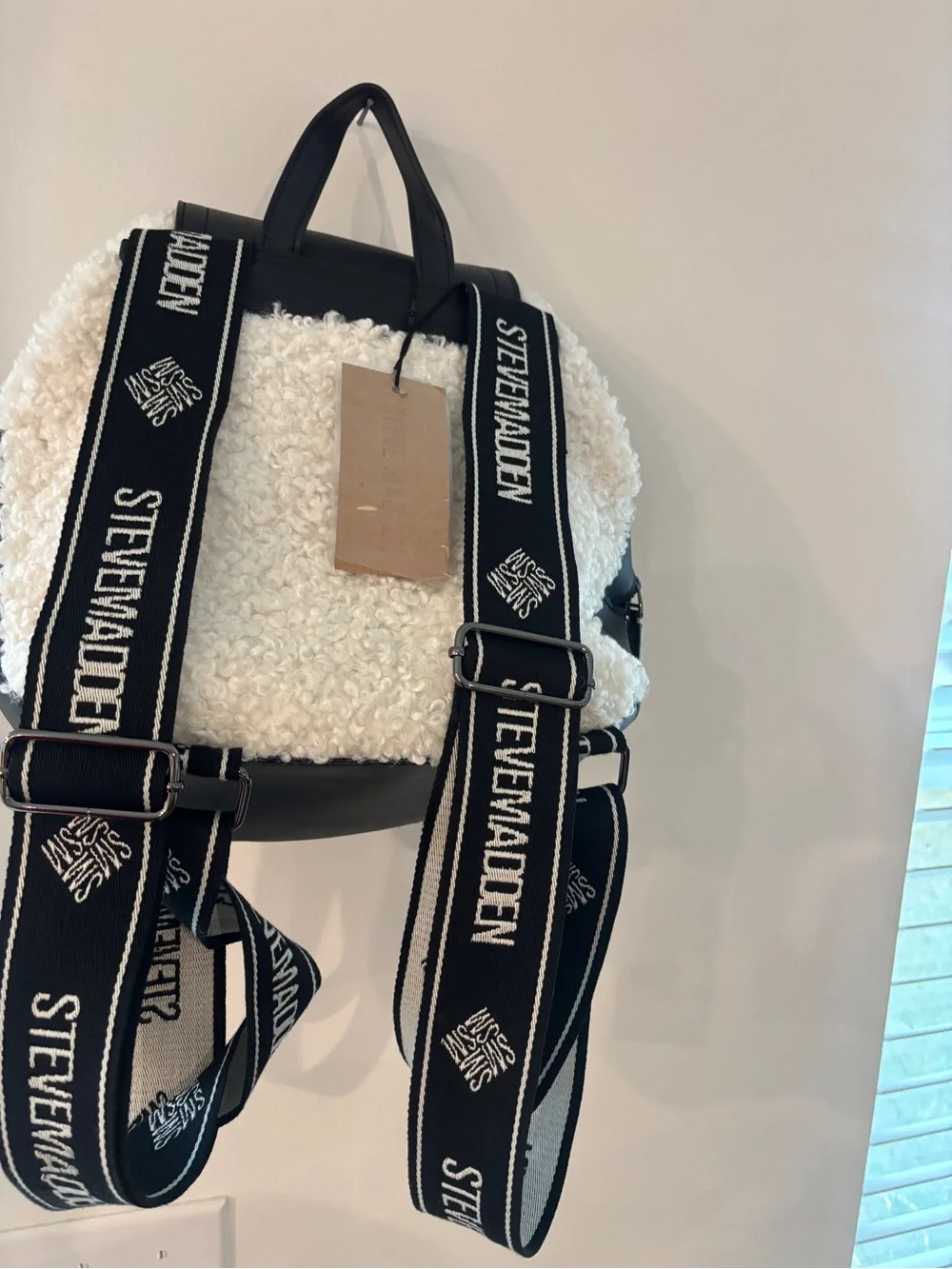 NWT Steve Madden Black/Cream Faux-Shearling Backpack BMAKENNA Retail $98